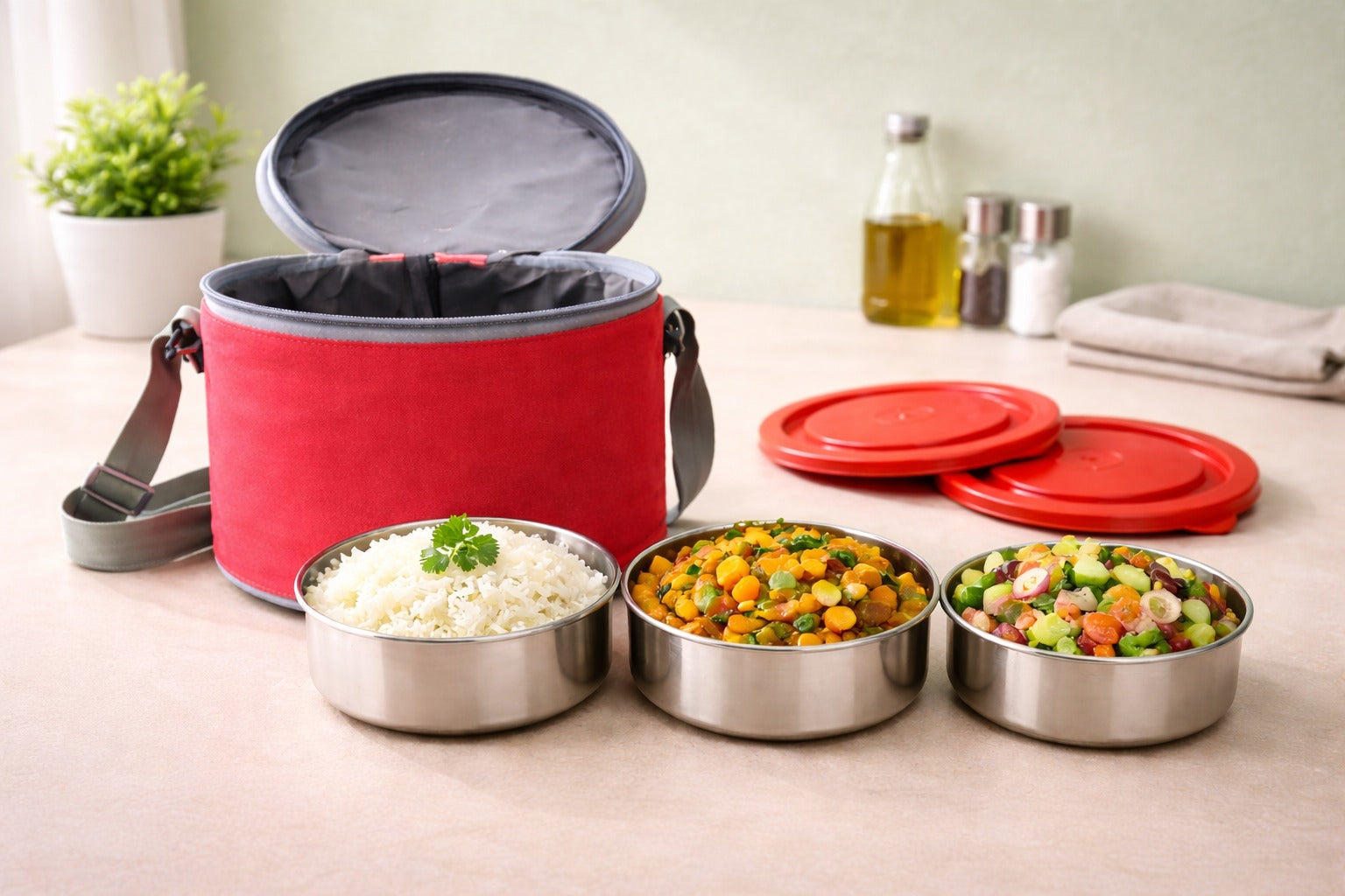Round Lunch Box  3 Bowl Set (200 ml Each) with Carry Bag Blynk