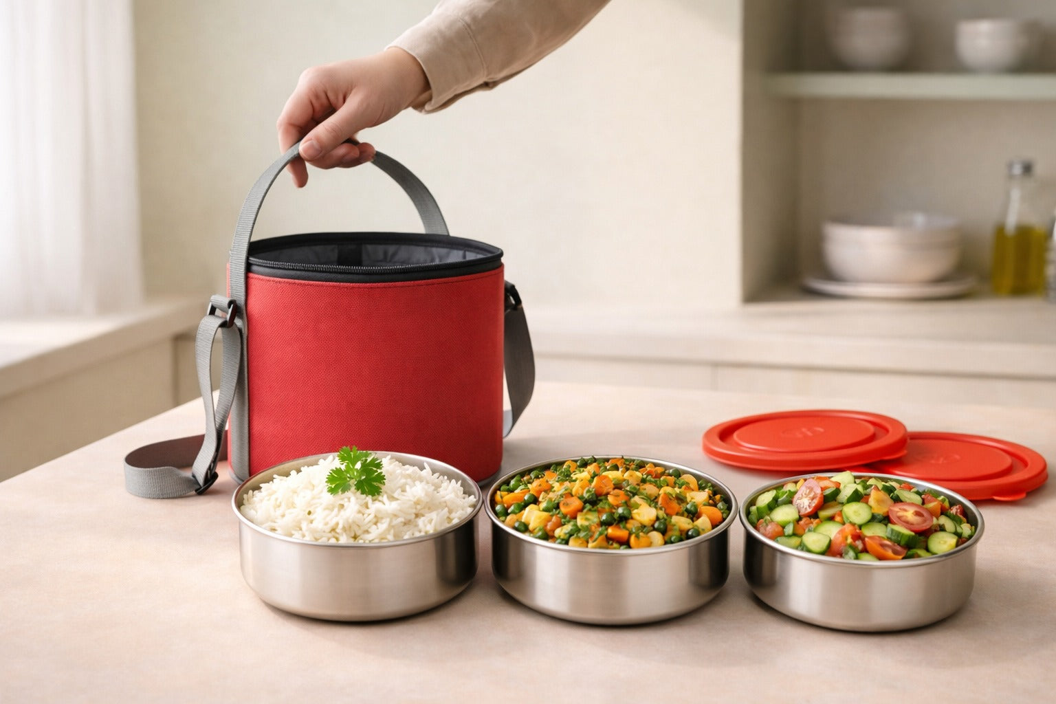 Round Lunch Box  3 Bowl Set (200 ml Each) with Carry Bag Blynk