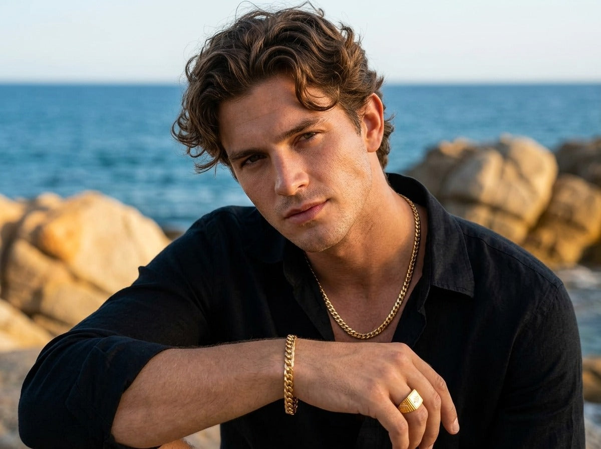 Men's Luxury Gold Trio Set-Chain-Bracelet-Ring-NV