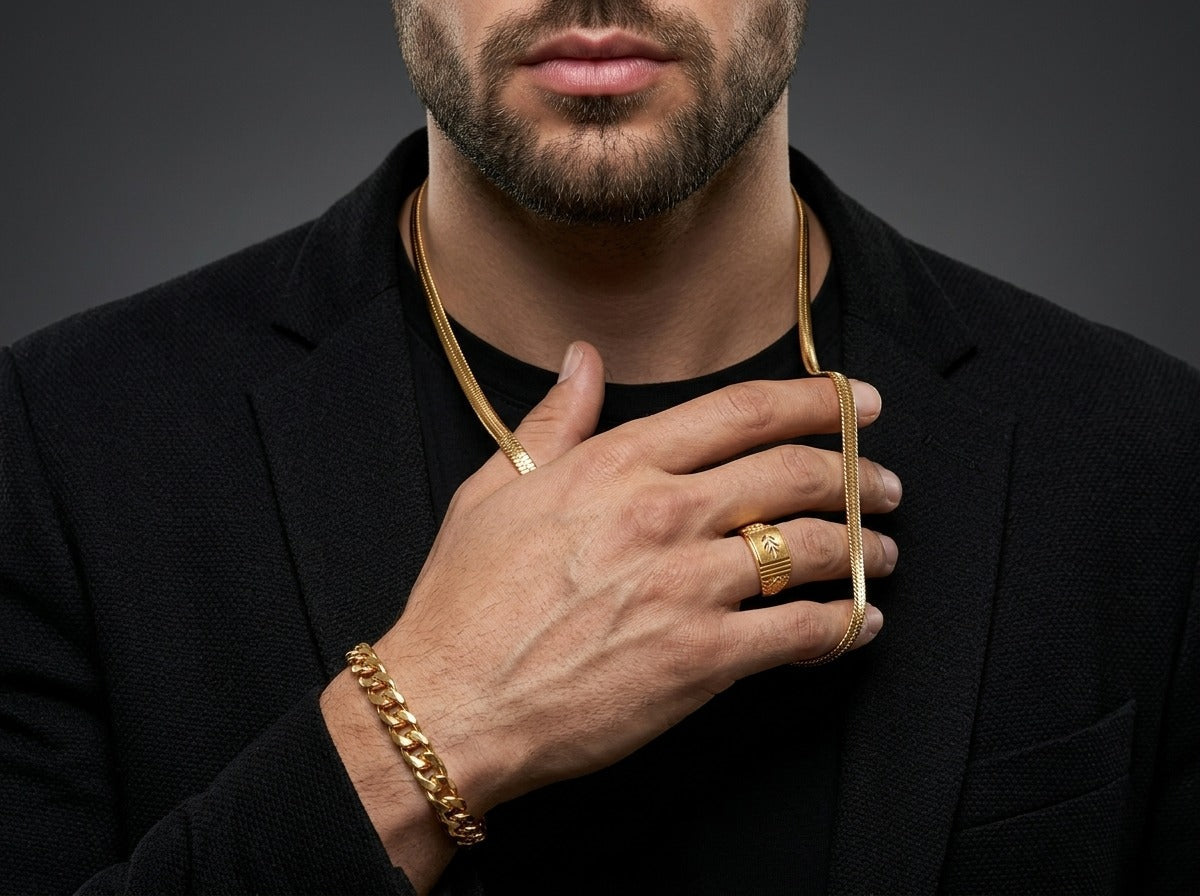 Men's Luxury Gold Trio Set-Chain-Bracelet-Ring-NV