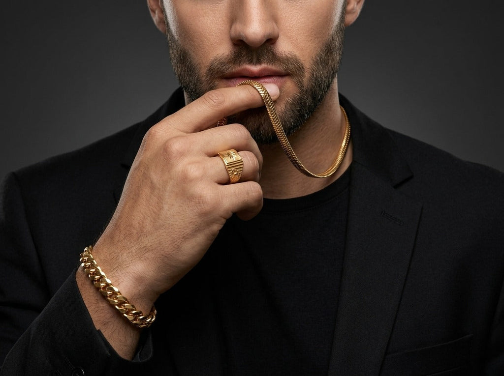 Men's Luxury Gold Trio Set-Chain-Bracelet-Ring-NV