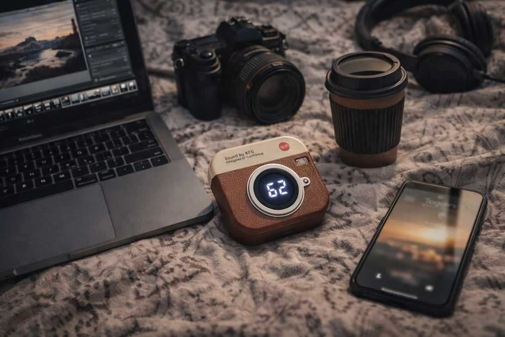 Retro Camera Design Portable Hi-Fi Bluetooth Speaker with TWS Wireless Earbuds (Brown) Blynk