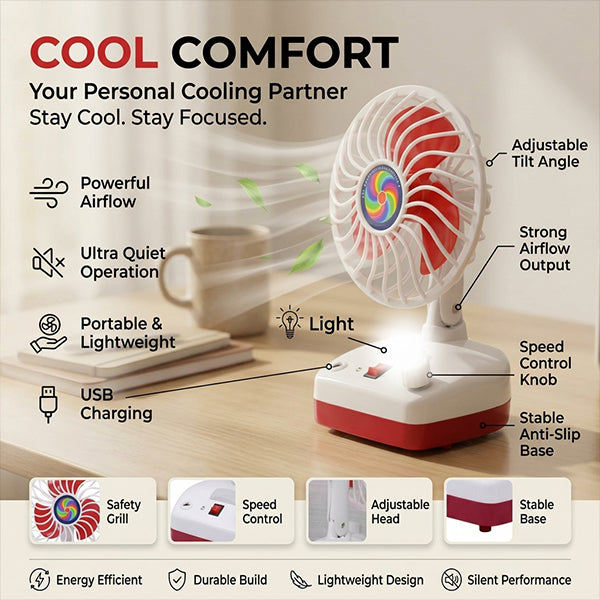 Portable Fan LED Light USB Rechargeable Folding